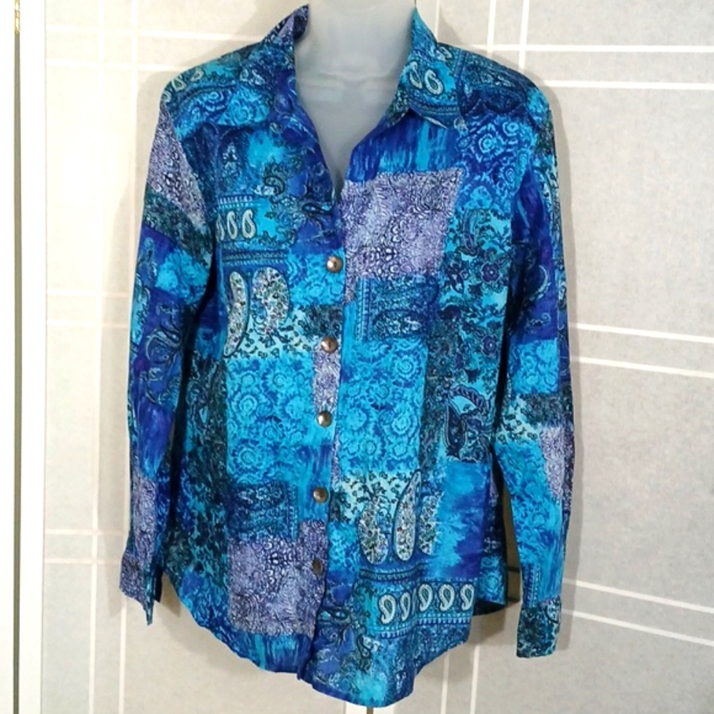Chico's Teal & Blue Patchwork Button-Down Shirt